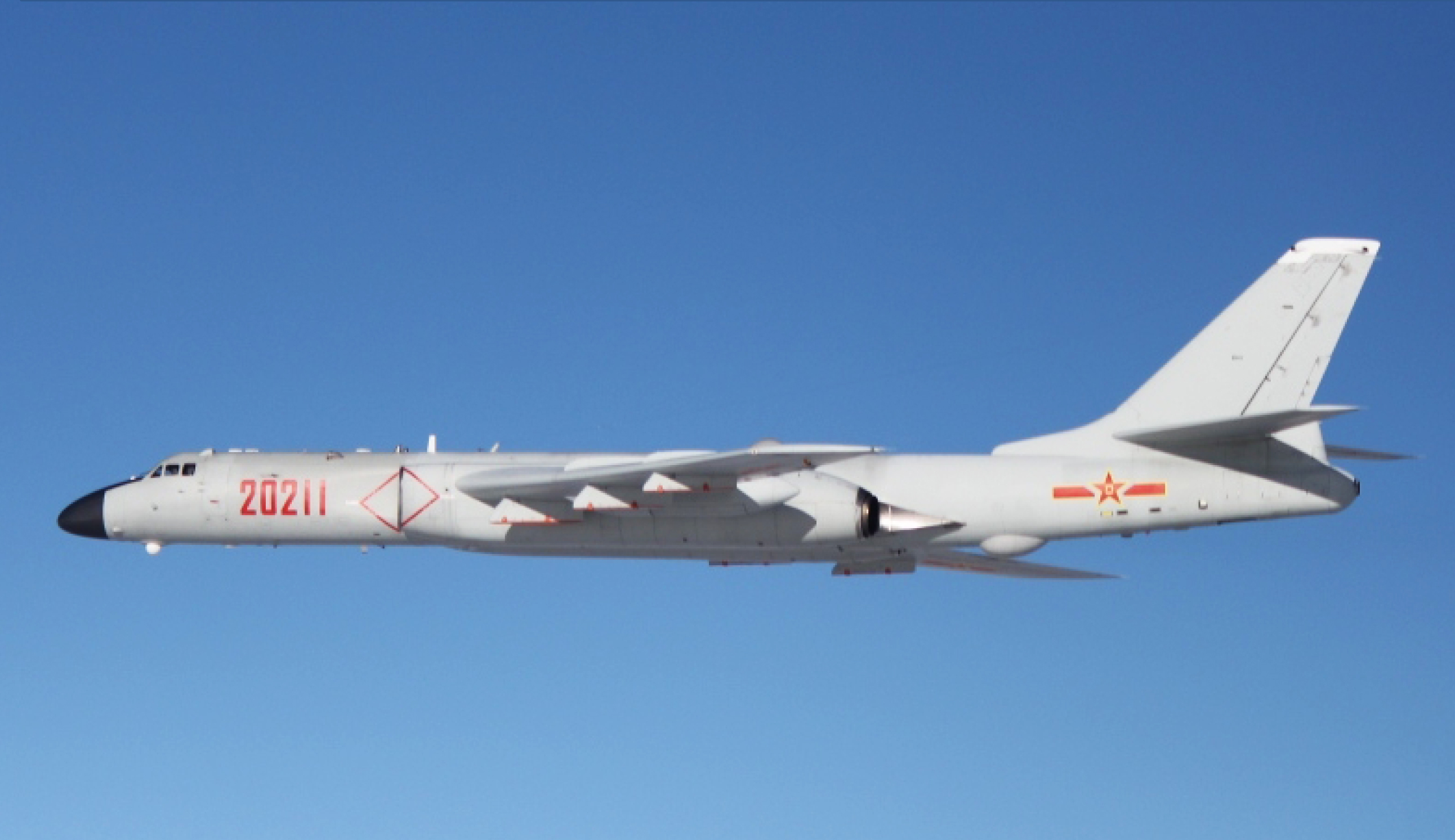  Chinese People's Liberation Army Air Force H6-K bomber in flight in 2015. Image Source: Japan Ministry of Defense